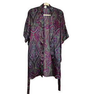 Vtg Kathryn Robe Women M Purple Satin Like Floral Green Floral Tie Waist Midi